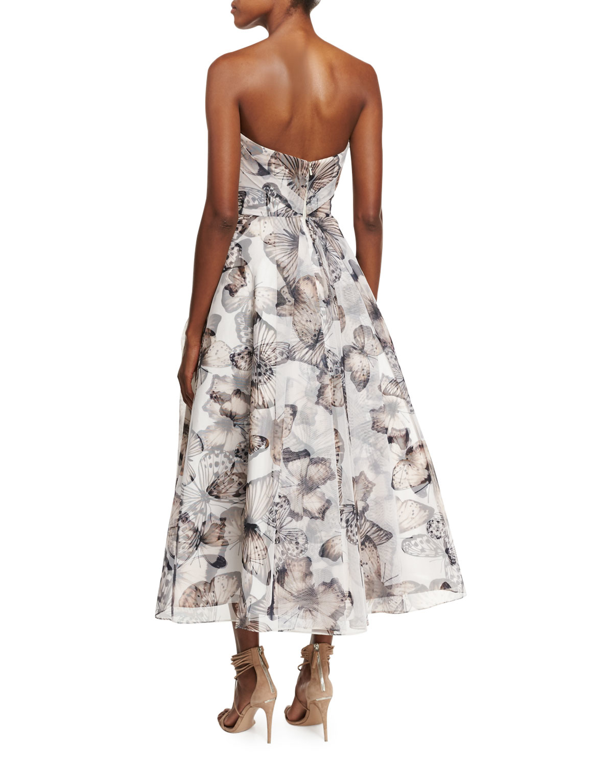 Ml monique lhuillier Strapless Butterflyprint Midi Cocktail Dress in